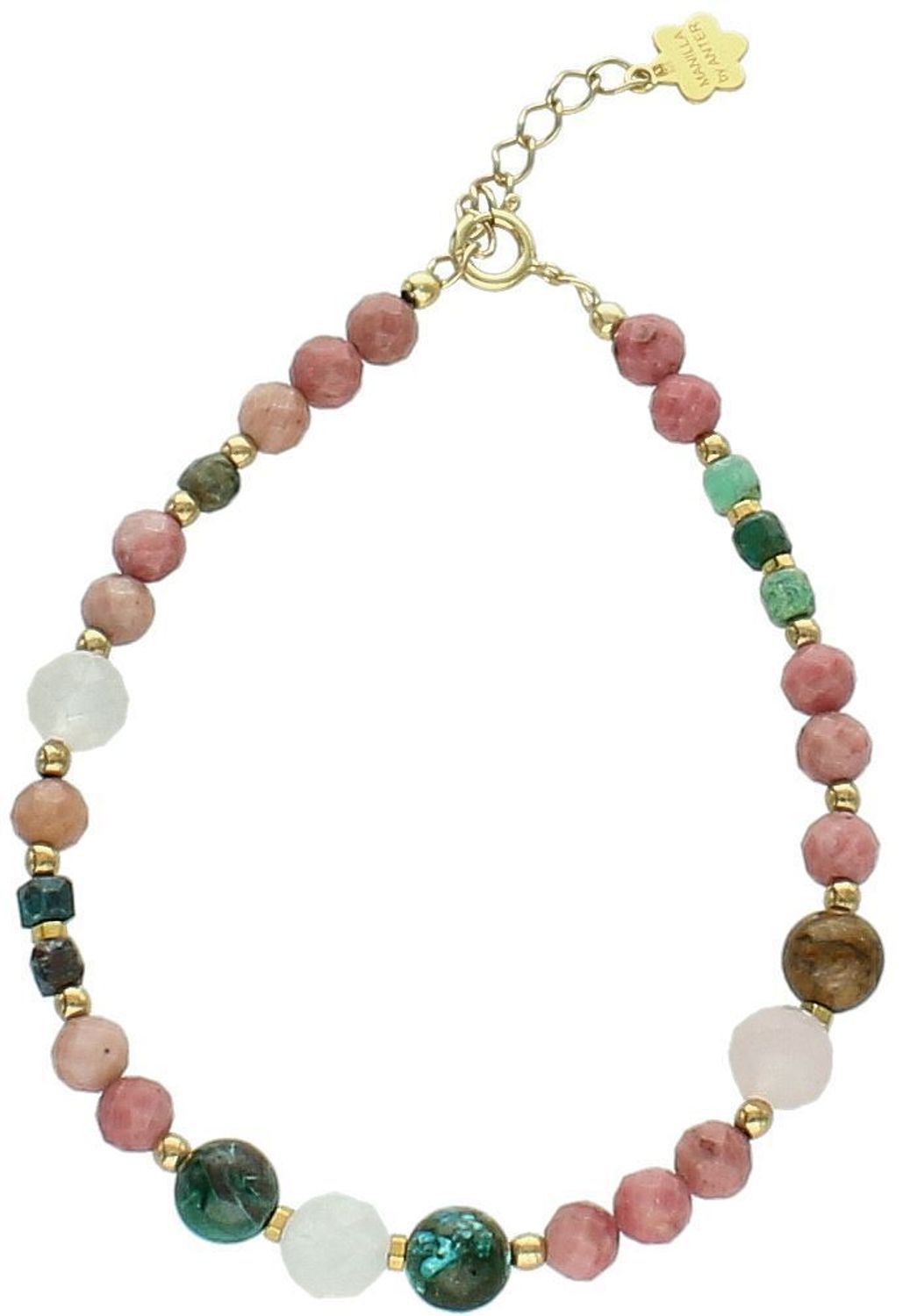 Bransoletka damska srebrna pozłacana z chryzokolą, rodonitem i kwarcem różowym  Kamienie naturalne  925  17 + 2 cm.jpg