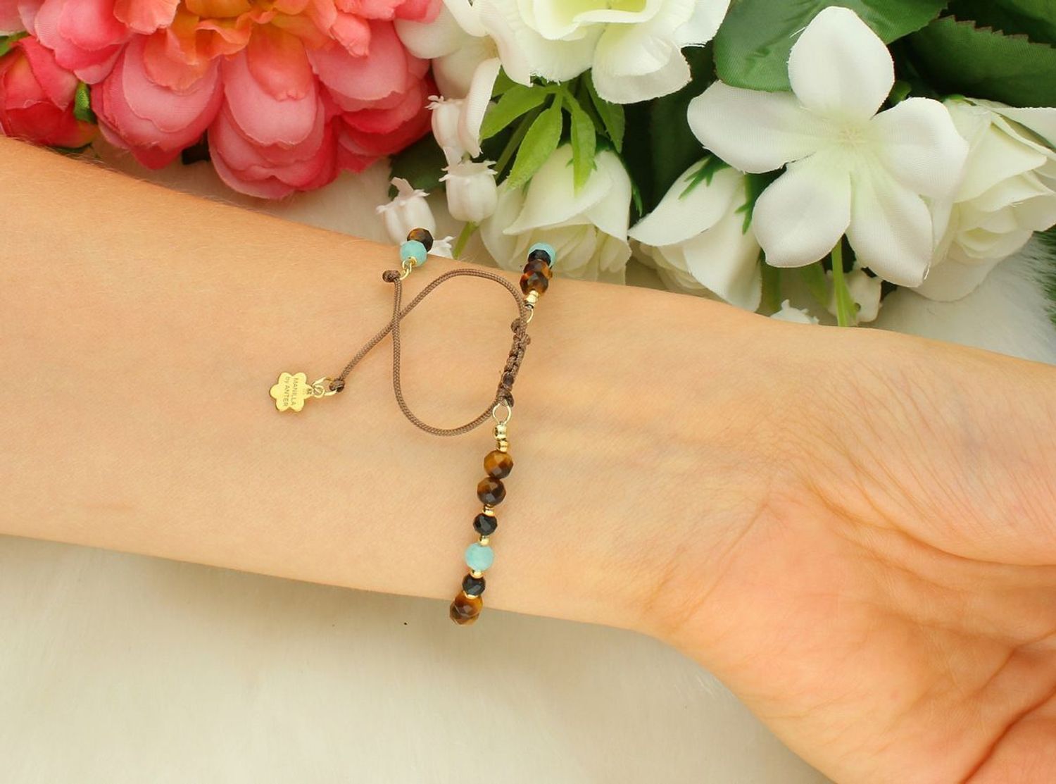 Bransoletka damska srebrna pozłacana z kamieniami – tygrysie oko, amazonit, turmalin  DIA-BRA-13537-925.jpg