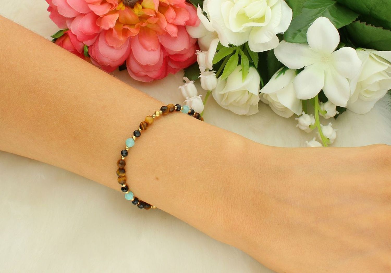 Bransoletka damska srebrna pozłacana z kamieniami – tygrysie oko, amazonit, turmalin  DIA-BRA-13537-925.jpg