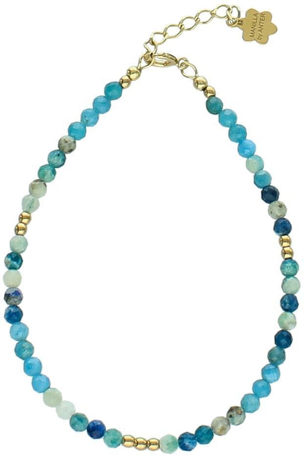 Bransoletka damska srebrna pozłacana próba 925 z kamieniami apatytu. Długość 17+2 cm, lekka i subtelna – idealna na co dzień. Waga 2,50 g.1.jpg