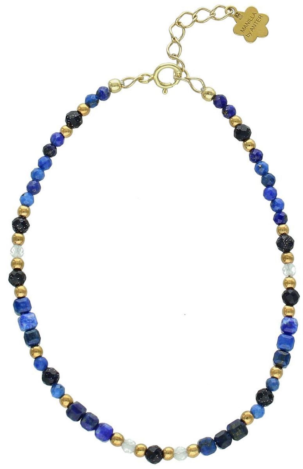 Pozłacana bransoletka damska DIA-BRA-13544-925 ze srebra próby 925, zdobiona kamieniami naturalnymi lapis, noc Kairu, kryształ górski. Długość 17+3 cm, waga 2,30 g. Delikatna i elegancka.1.jpg