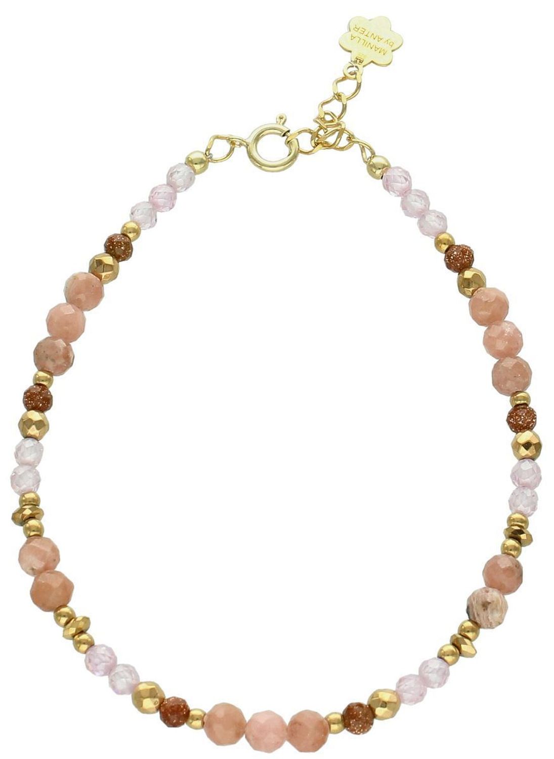 Damska bransoletka DIA-BRA-13545-925 wykonana ze srebra pozłacanego 24k złotem. Zdobiona piaskiem pustyni i rodochrozytem. Kamienie 2–4 mm, długość 17 + 2 cm, waga 4 g. Idealna na prezent!1.jpg