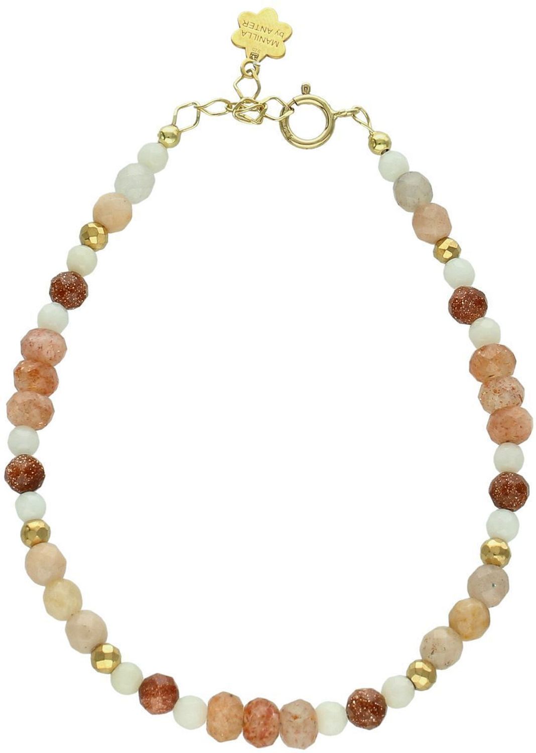 Damska bransoletka DIA-BRA-13545-925 wykonana ze srebra pozłacanego 24k złotem. Zdobiona piaskiem pustyni i rodochrozytem. Kamienie 2–4 mm, długość 17 + 2 cm, waga 4 g. Idealna na prezent!11.jpg