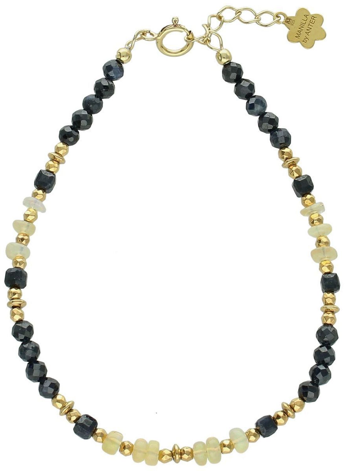 Bransoletka DIA-BRA-13557-925 ze srebra pozłacanego próby 925, ozdobiona naturalnymi opalami i szafirami. Długość 17+2 cm, zapięcie na karabińczyk. Kobieca i elegancka.1.jpg