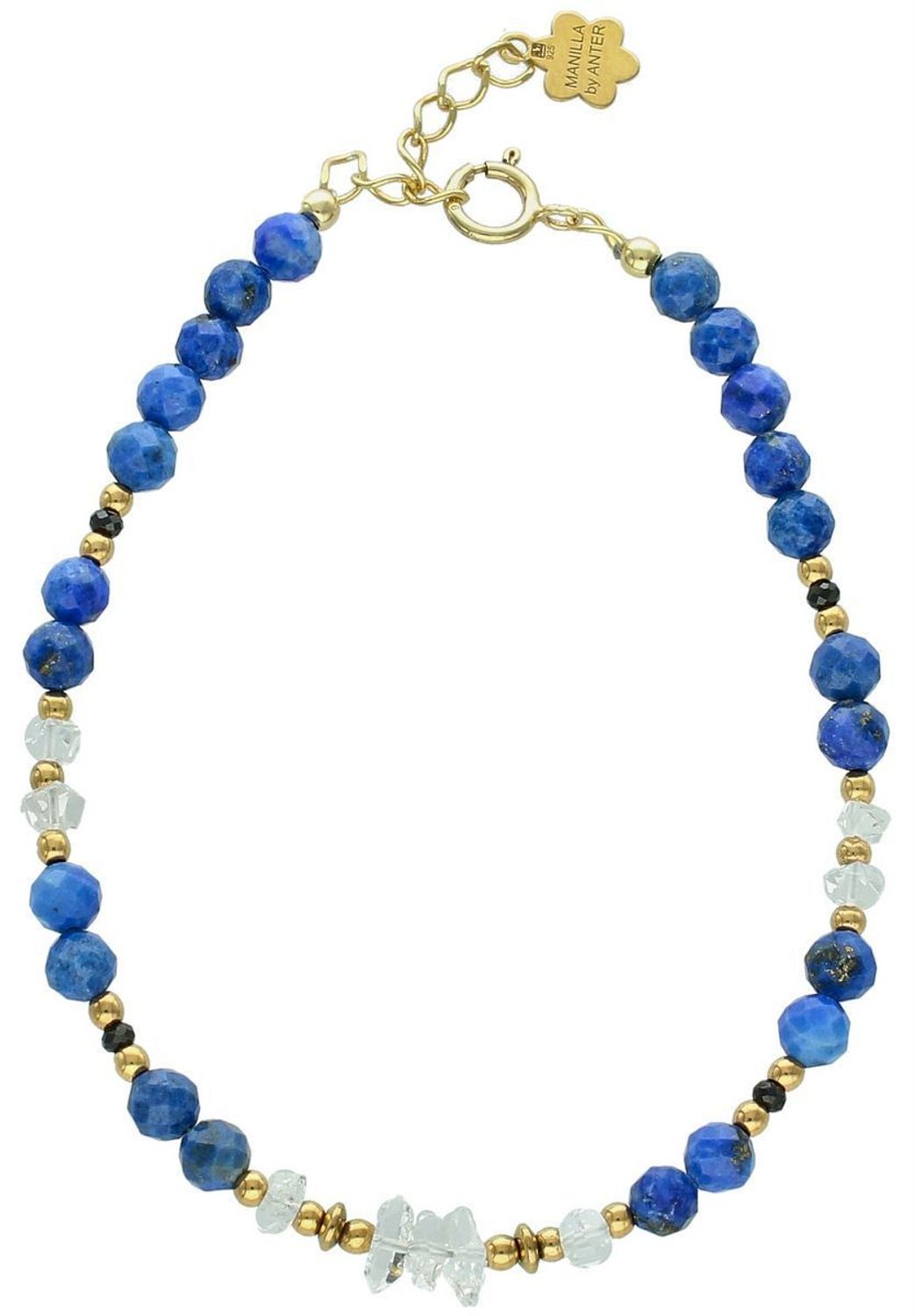 Bransoletka DIA-BRA-13558-925 ze srebra pozłacanego próby 925. Zdobiona kamieniami naturalnymi diamentem herkimer i lapis lazuli. Długość 17+2 cm, waga 3,60 g. Subtelna, kobieca, elegancka.1.jpg
