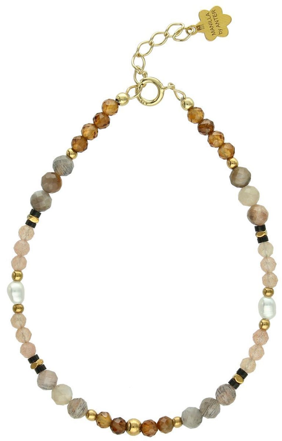 Bransoletka srebro 925 pozłacana z perłą, kamieniem księżycowym i drawitem. Długość 17+2 cm, waga 2,90 g. Zmysłowy i elegancki dodatek z duszą.1.jpg