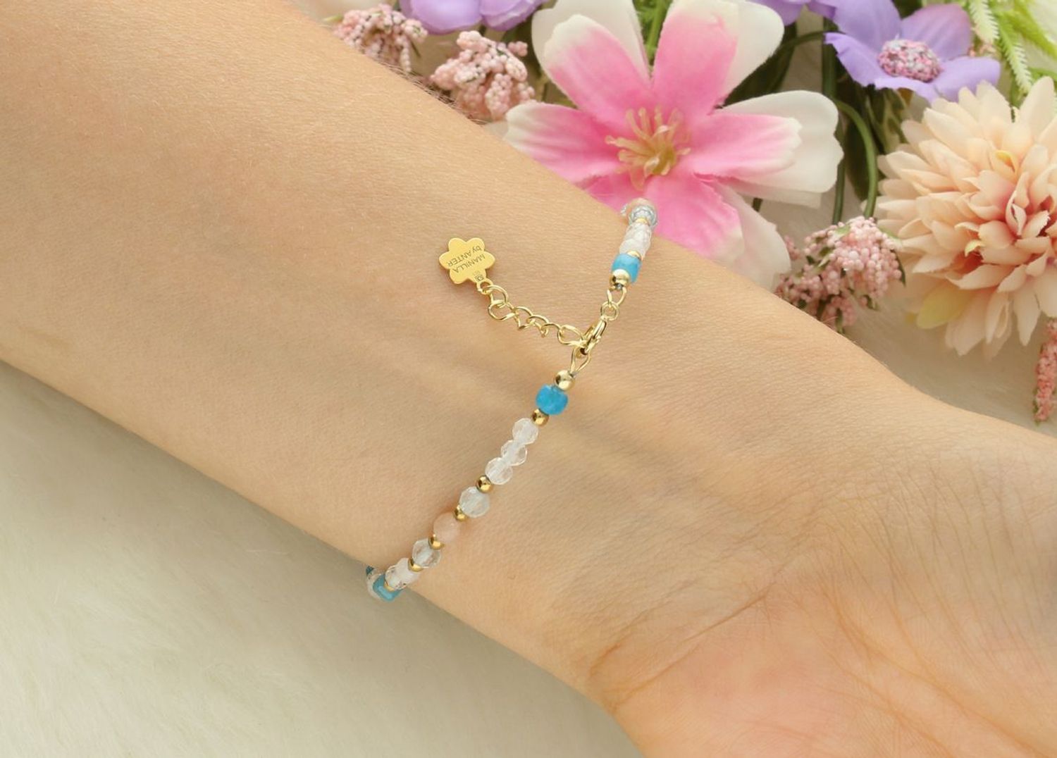 Bransoletka damska srebro 925 z topazem, apatytem i akwamarynem. Długość 17+2 cm, zapięcie karabińczyk. Subtelna, naturalna i kobieca biżuteria.1.jpg