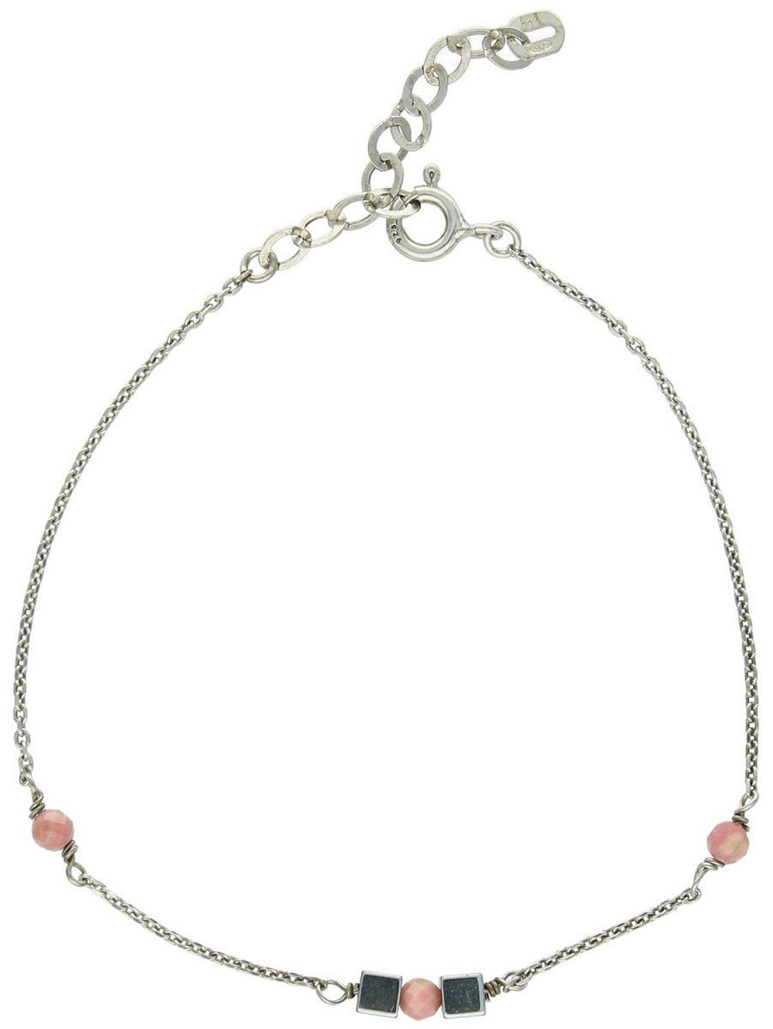 Bransoletka srebrna 925 z rodonitem i hematytem na delikatnym łańcuszku. Długość 17+3 cm. Subtelna, symboliczna i kobieca biżuteria na co dzień.1.jpg