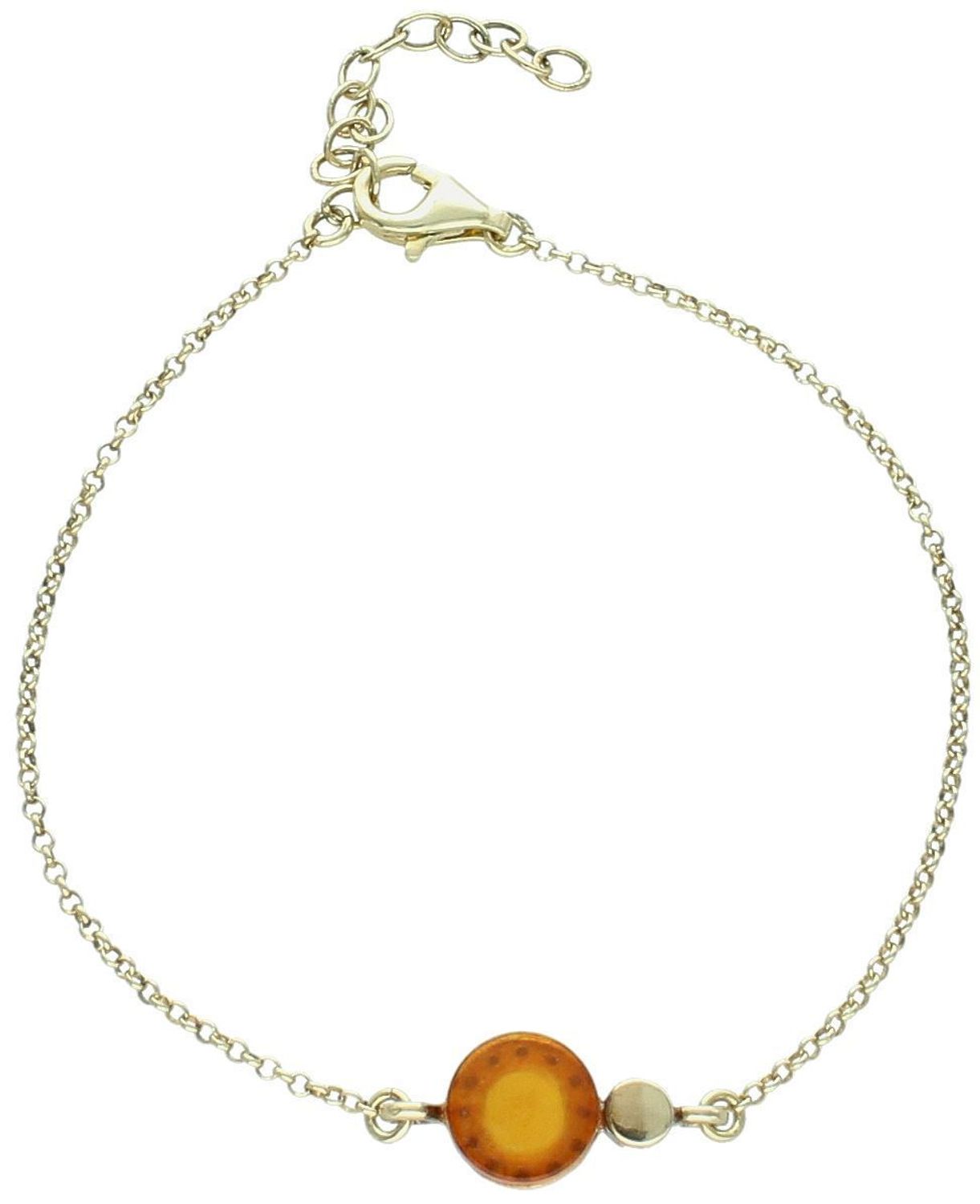 Delikatna bransoletka damska ze srebra próby 925, pozłacana, z ozdobnym pomarańczowym kamieniem syntetycznym 8 mm. Zapięcie na karabińczyk, długość regulowana 17+3 cm, waga 1,79 g.1.jpg