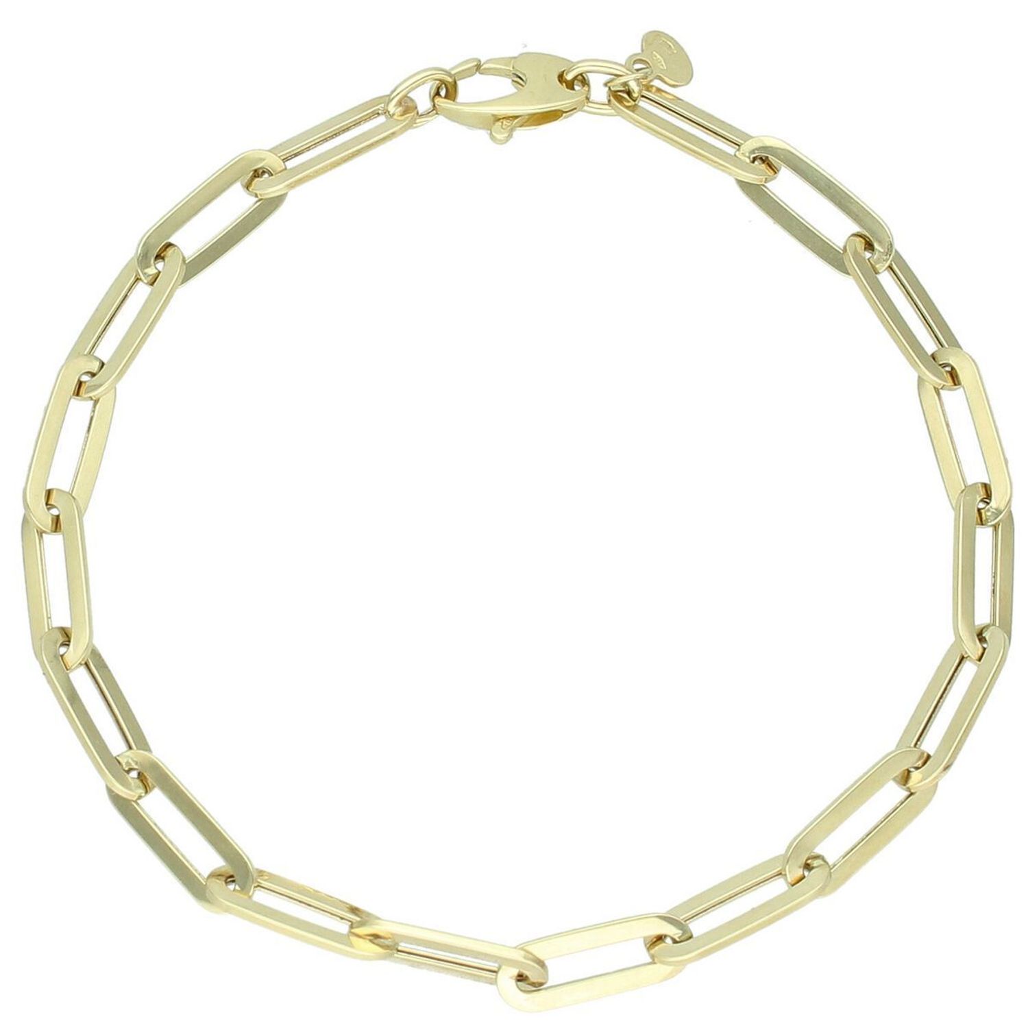 Elegancka złota bransoletka damska próby 585 w splocie spinaczowym. Długość 22 cm, szerokość 5 mm, waga 3,33 g, zapięcie na karabińczyk. Idealna do codziennych i eleganckich stylizacji.1.jpg