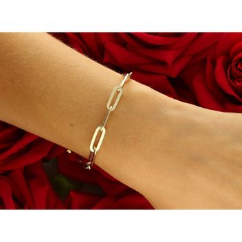 Elegancka złota bransoletka damska próby 585 w splocie spinaczowym. Długość 22 cm, szerokość 5 mm, waga 3,33 g, zapięcie na karabińczyk. Idealna do codziennych i eleganckich stylizacji.2.jpg