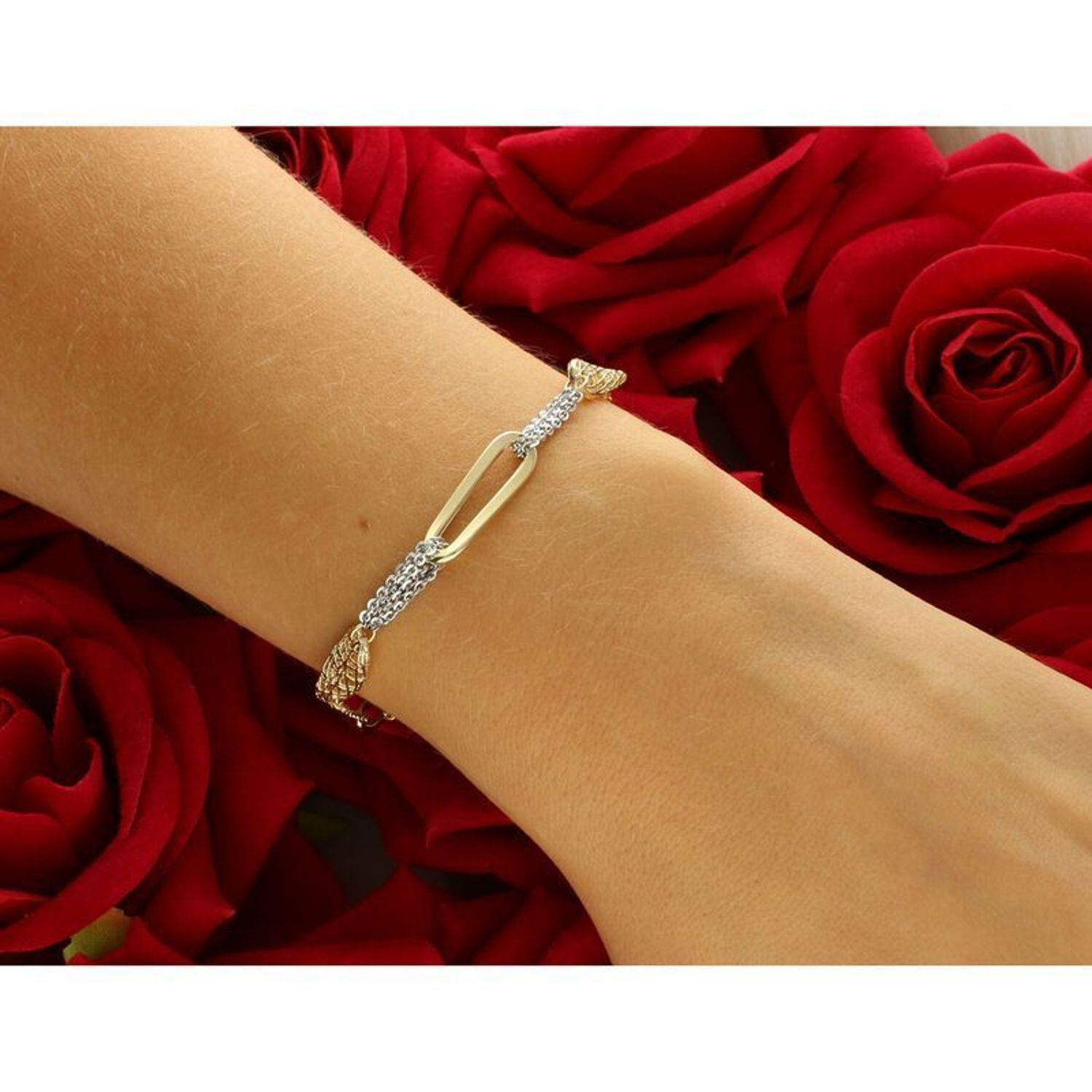 Bransoletka damska złota 585 z białym złotem podłużne elementy DIA-BRA-13695-585.jpg