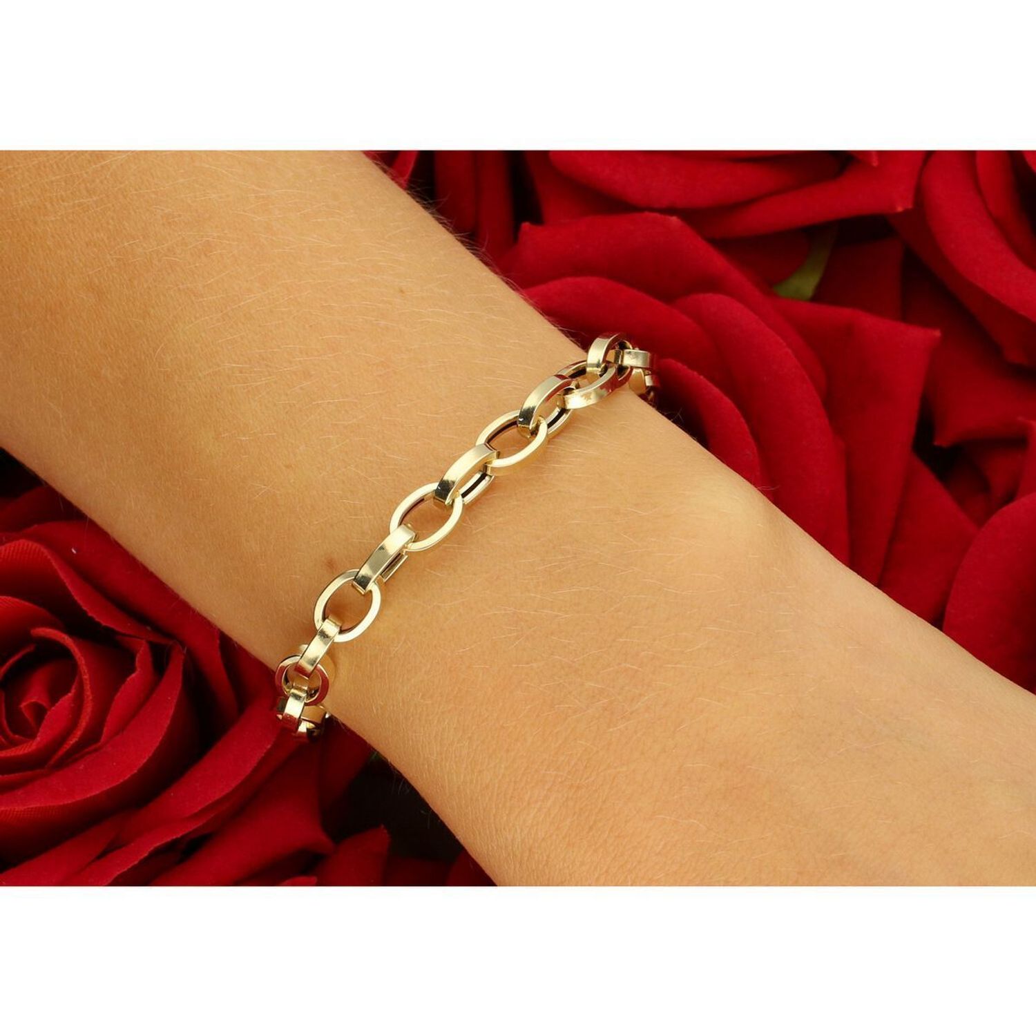 Elegancka złota bransoletka damska próby 585 wykonana z owalnych ogniw. Długość 19 cm, waga 3,87 g, zapięcie na karabińczyk. Idealna do codziennych i eleganckich stylizacji.1.jpg