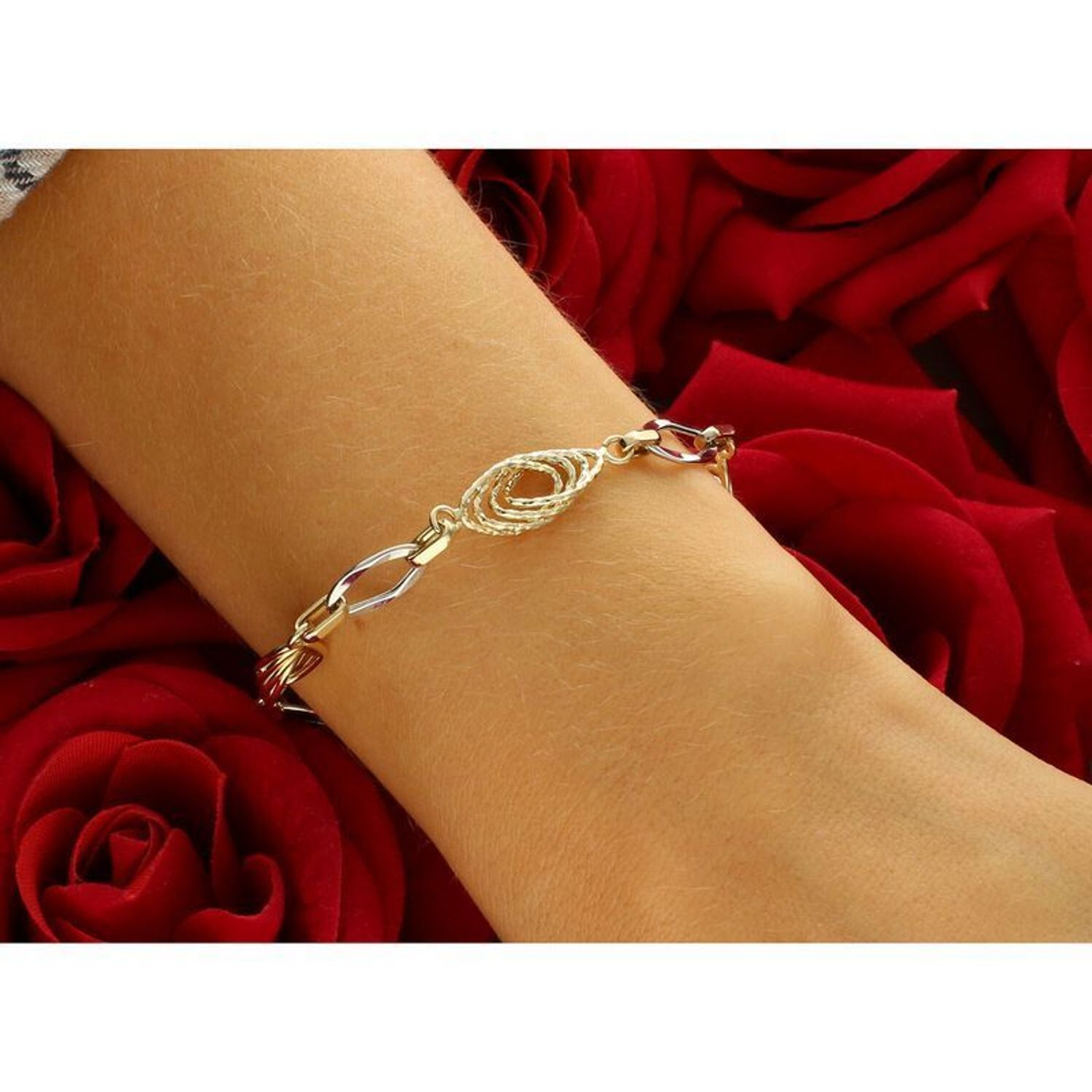 Bransoletka damska złota 585 plecione owalne ogniwa z białym złotem DIA-BRA-13699-585.jpg