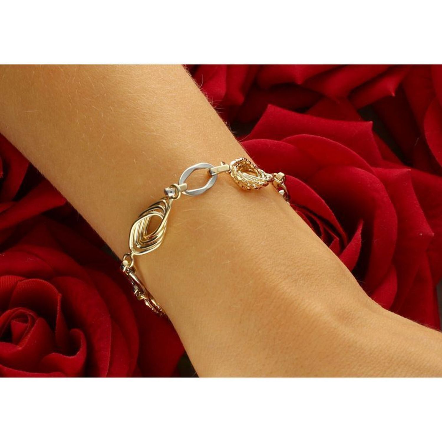 Bransoletka damska złota 585 plecione owalne ogniwa z białym złotem DIA-BRA-13699-585.jpg