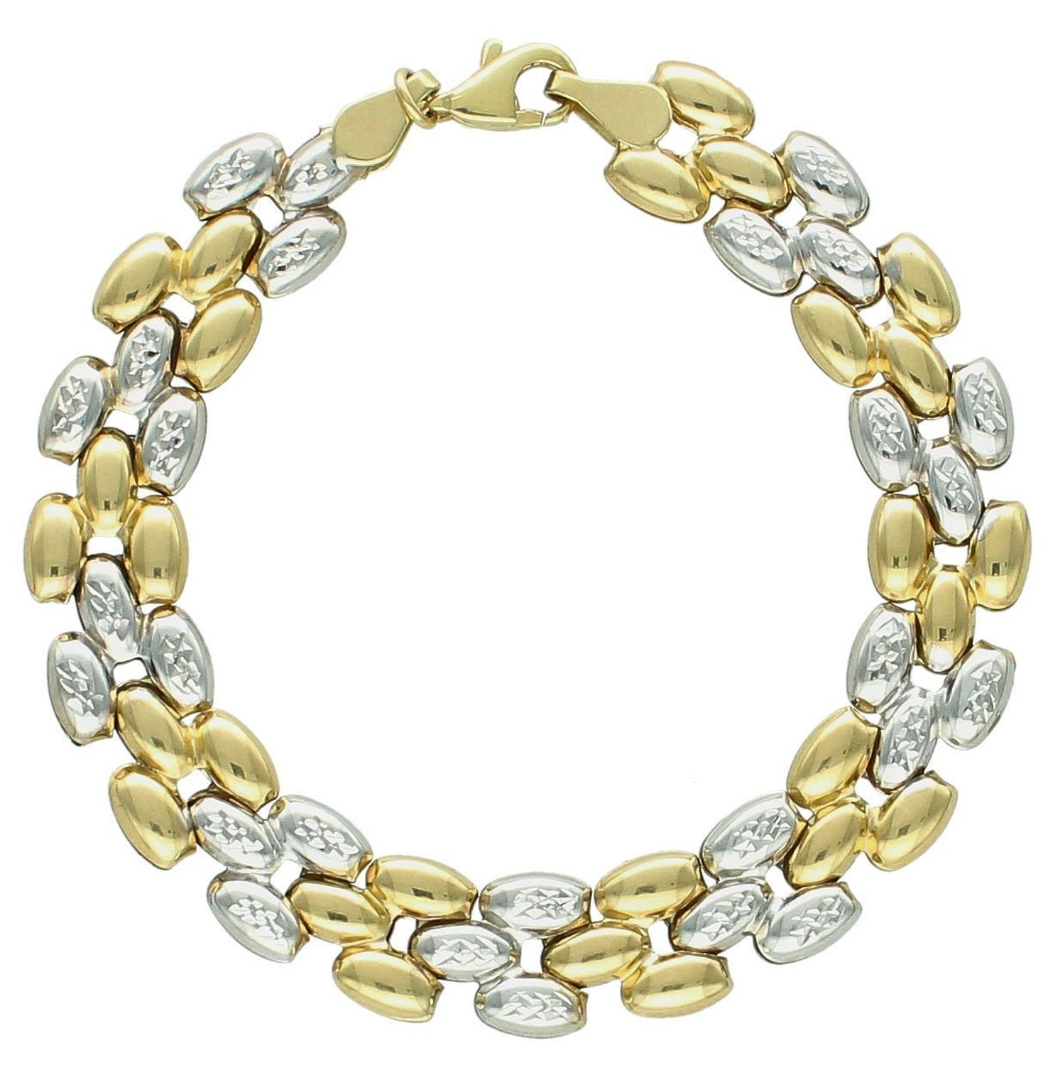 Bransoletka złota pr 585, DIA-BRA-1370-585. Złota bransoletka ozdobiona żółtym i białym złotem. Ponadczasowa, klasyczna biżuteria, w której harmonijne wzory wspaniale łączą się z blaskiem żółtego złota.1.jpg