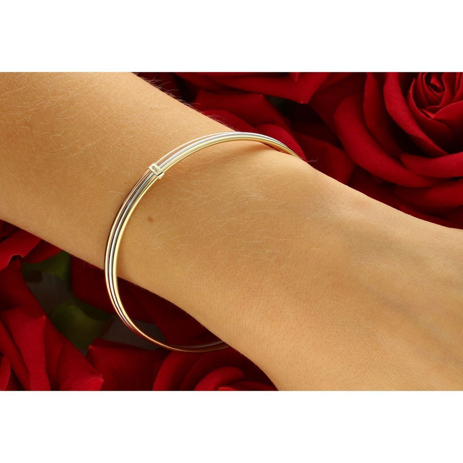 Elegancka złota bransoletka damska próby 585, sztywna, okrągła w trzech kolorach złota żółtym, białym i różowym. Obwód 19 cm, szerokość 4 mm, waga 5,08 g. Idealna do codziennych i eleganckich1.jpg