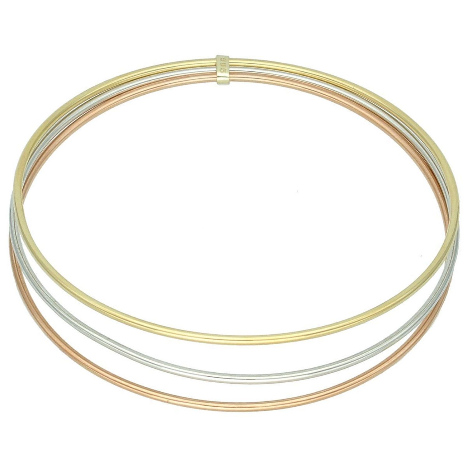 Elegancka złota bransoletka damska próby 585, sztywna, okrągła w trzech kolorach złota żółtym, białym i różowym. Obwód 19 cm, szerokość 4 mm, waga 5,08 g. Idealna do codziennych i eleganckich1.jpg