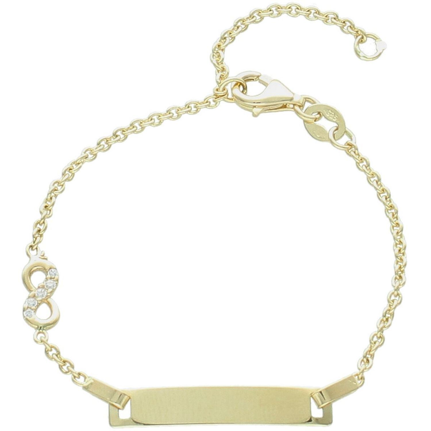 Delikatna złota bransoletka dziecięca próby 585, zdobiona prostokątną blaszką idealną na grawer oraz znakiem nieskończoności z cyrkoniami. Długość regulowana 12 cm + 3 cm, waga 1,76 g, 1.jpg