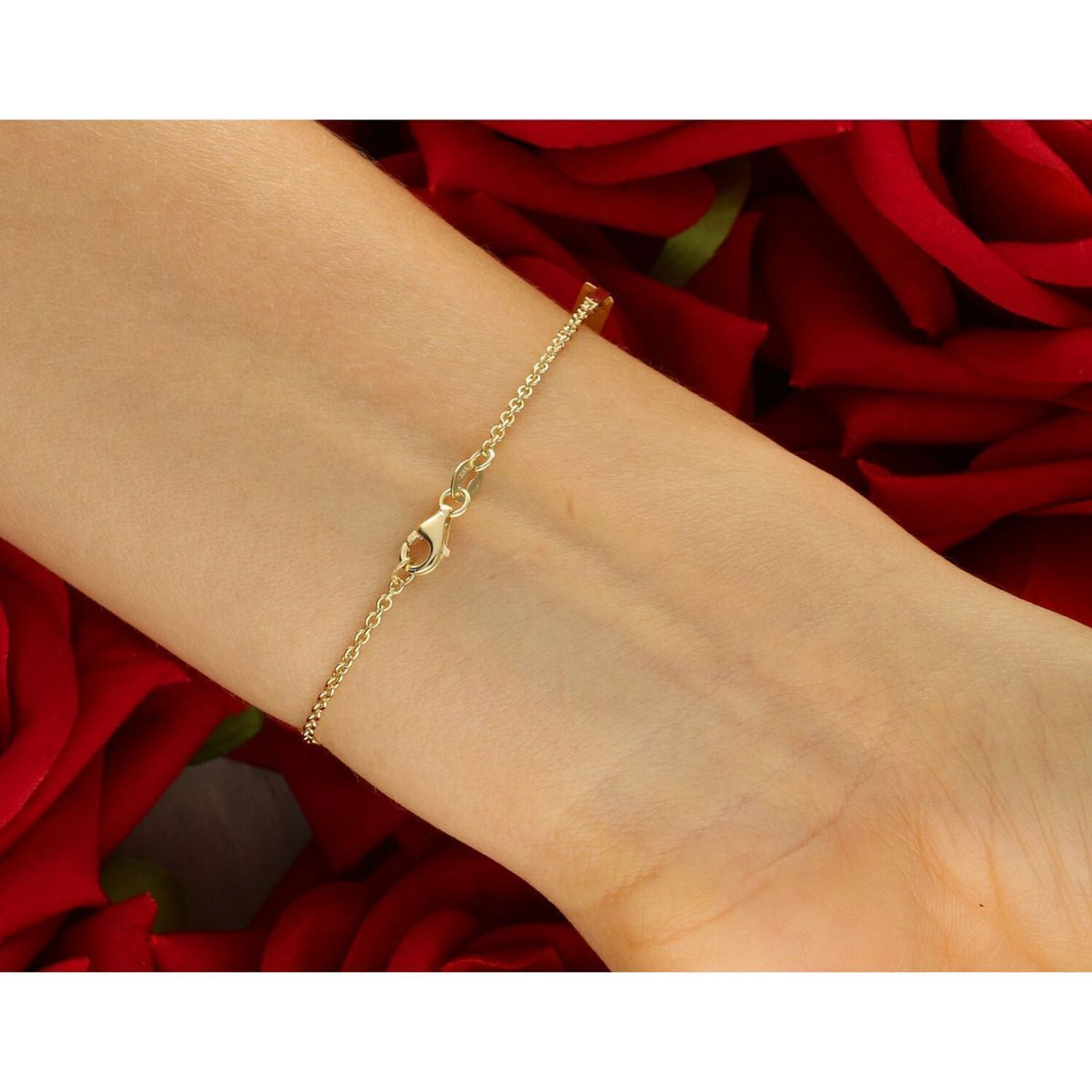 Delikatna złota bransoletka dziecięca próby 585, zdobiona prostokątną blaszką idealną na grawer oraz znakiem nieskończoności z cyrkoniami. Długość regulowana 12 cm + 3 cm, waga 1,76 g, 1.jpg