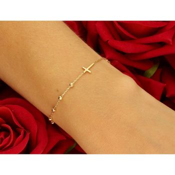 Złota bransoletka różaniec próby 585, elegancka i symboliczna biżuteria z krzyżykiem. Długość regulowana 17,5 cm + 1,5 cm, waga 1,69 g, zapięcie na karabińczyk. Idealna na prezent 2.jpg