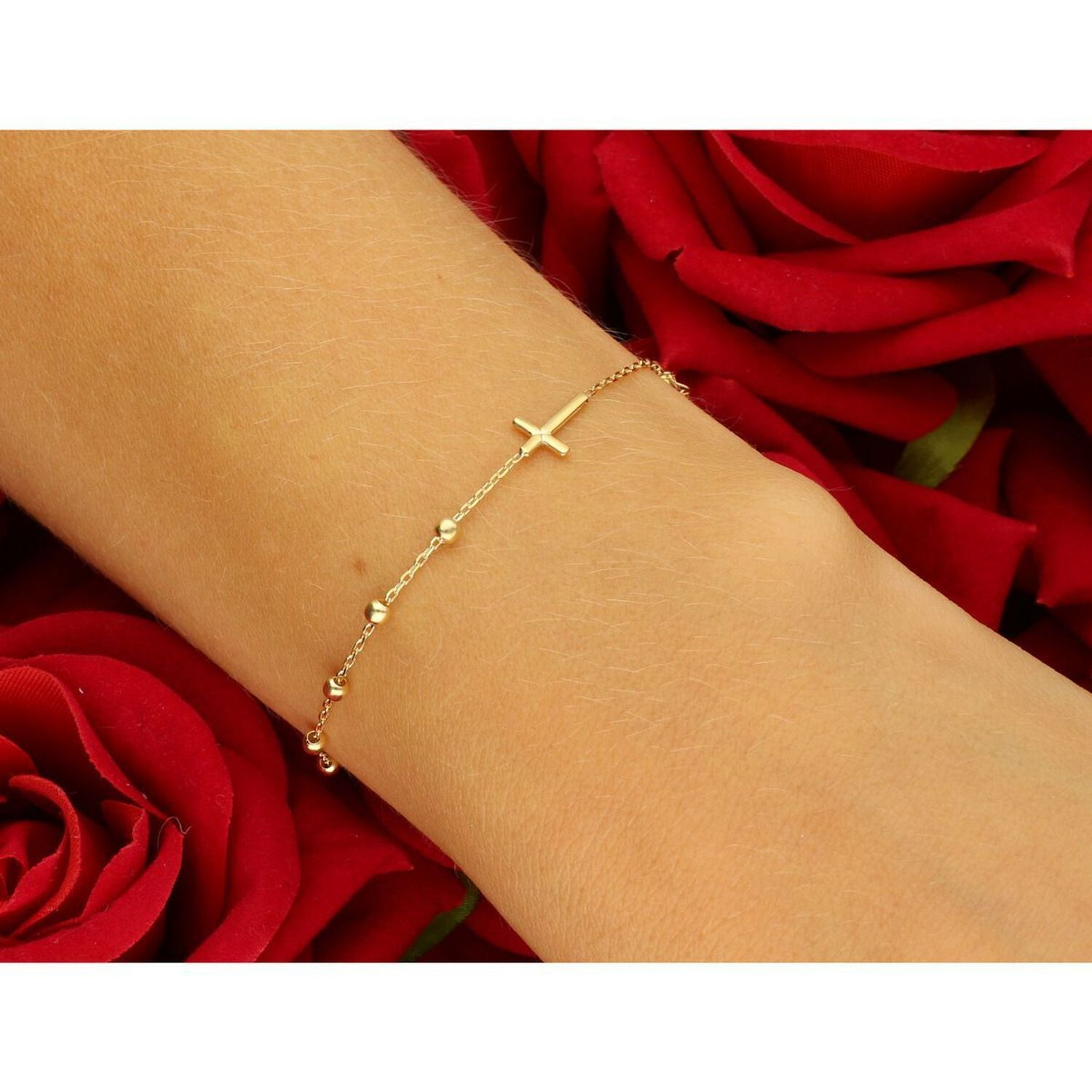 Złota bransoletka różaniec próby 585, elegancka i symboliczna biżuteria z krzyżykiem. Długość regulowana 17,5 cm + 1,5 cm, waga 1,69 g, zapięcie na karabińczyk. Idealna na prezent o 1.jpg