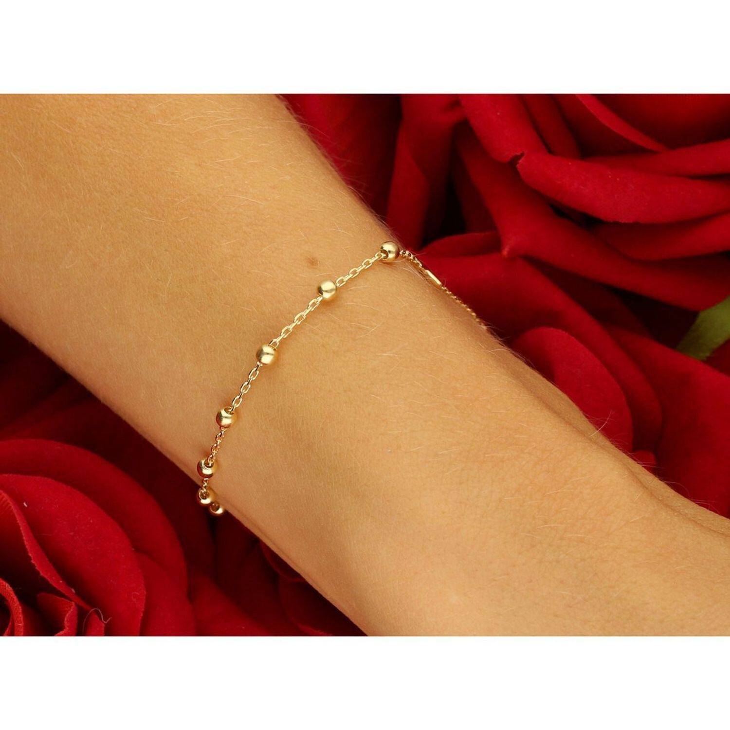 Złota bransoletka różaniec próby 585, elegancka i symboliczna biżuteria z krzyżykiem. Długość regulowana 17,5 cm + 1,5 cm, waga 1,69 g, zapięcie na karabińczyk. Idealna na prezent o 1.jpg