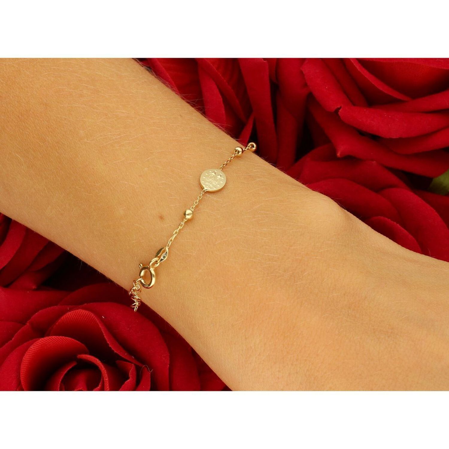 Złota bransoletka różaniec próby 585, elegancka i symboliczna biżuteria z krzyżykiem. Długość regulowana 17,5 cm + 1,5 cm, waga 1,69 g, zapięcie na karabińczyk. Idealna na prezent o 1.jpg