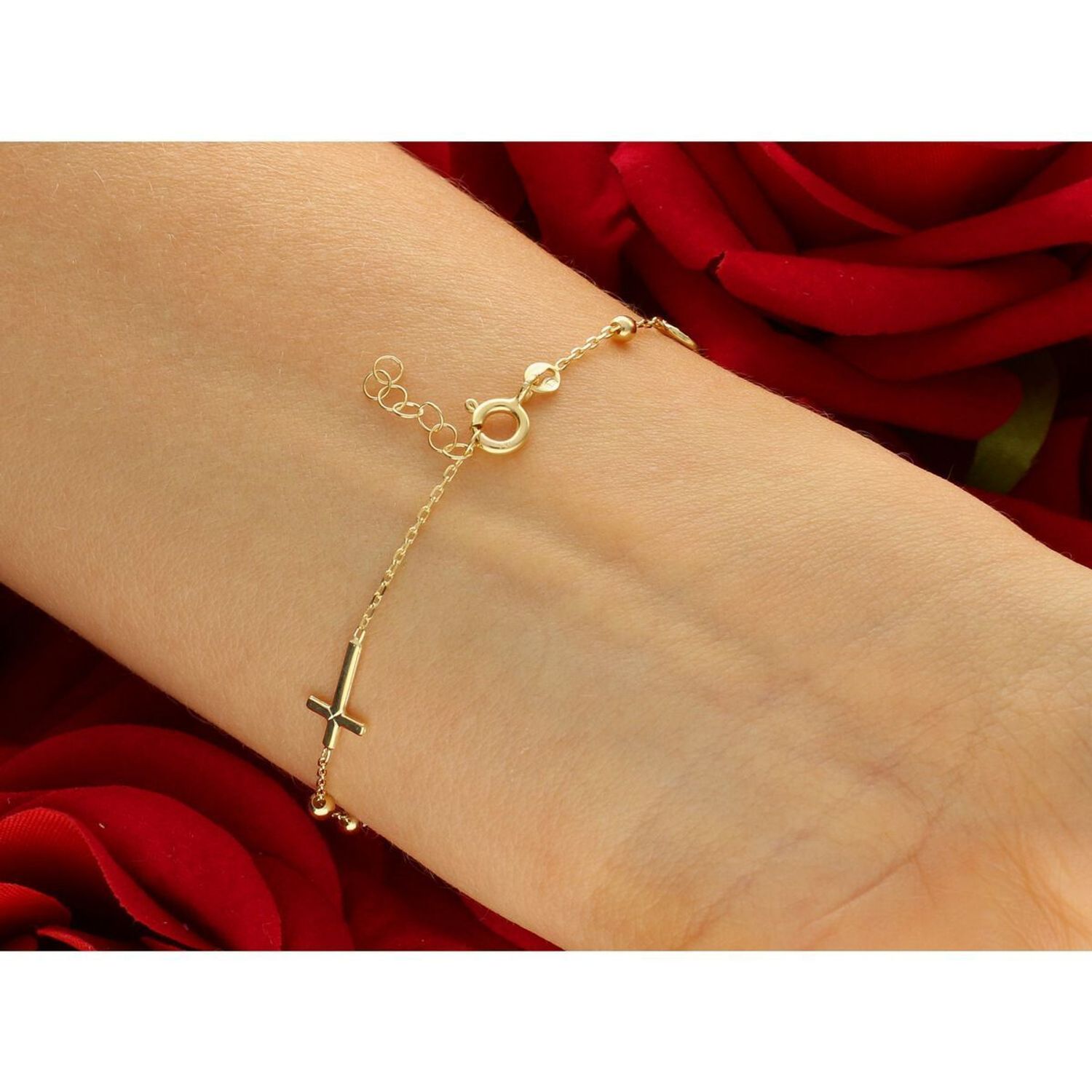 Złota bransoletka różaniec próby 585, elegancka i symboliczna biżuteria z krzyżykiem. Długość regulowana 17,5 cm + 1,5 cm, waga 1,69 g, zapięcie na karabińczyk. Idealna na prezent o 1.jpg