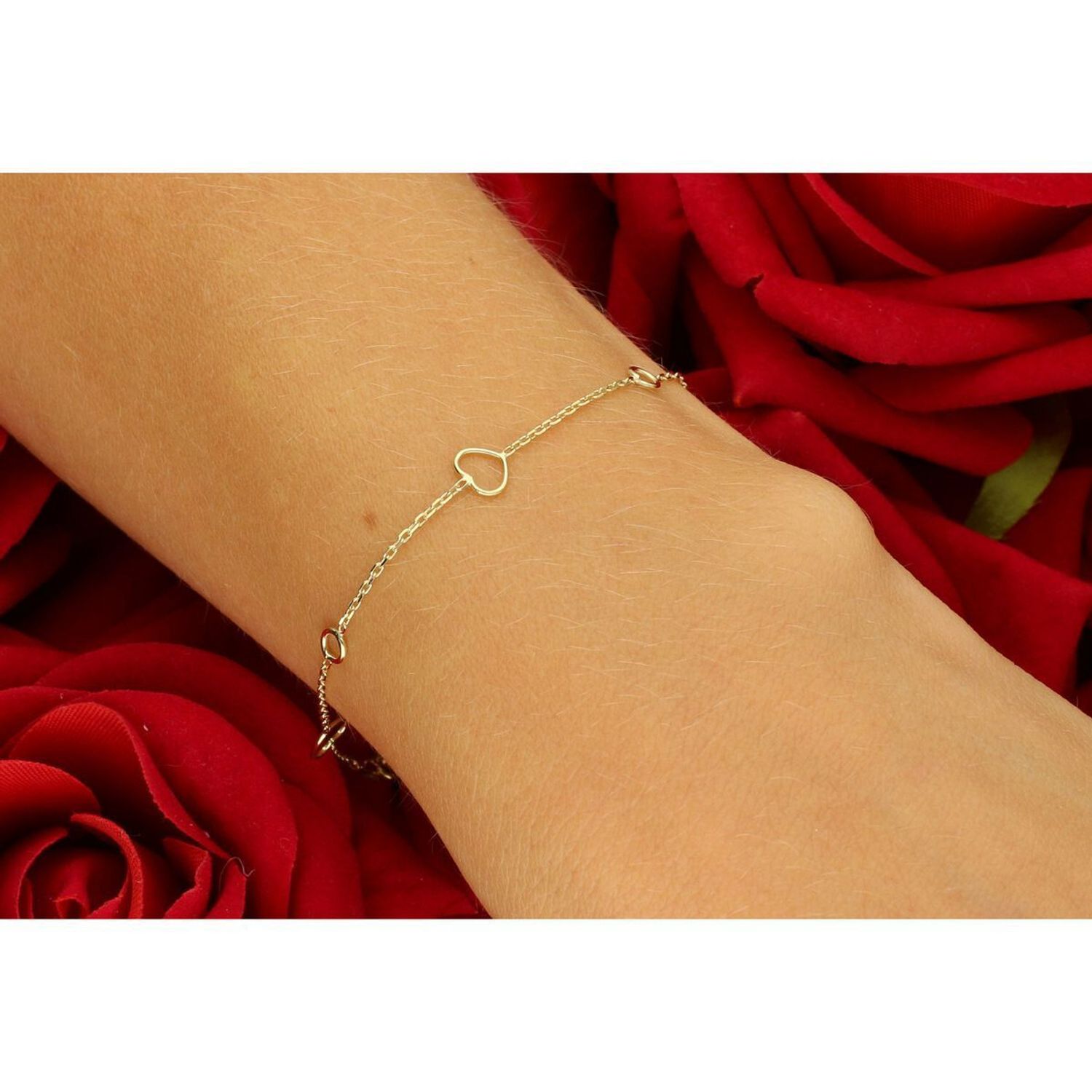 Subtelna złota bransoletka damska próby 585, zdobiona delikatnymi pustymi serduszkami i kółeczkami. Długość regulowana 17 cm + 2 cm, waga 0,97 g, zapięcie na karabińczyk.1.jpg