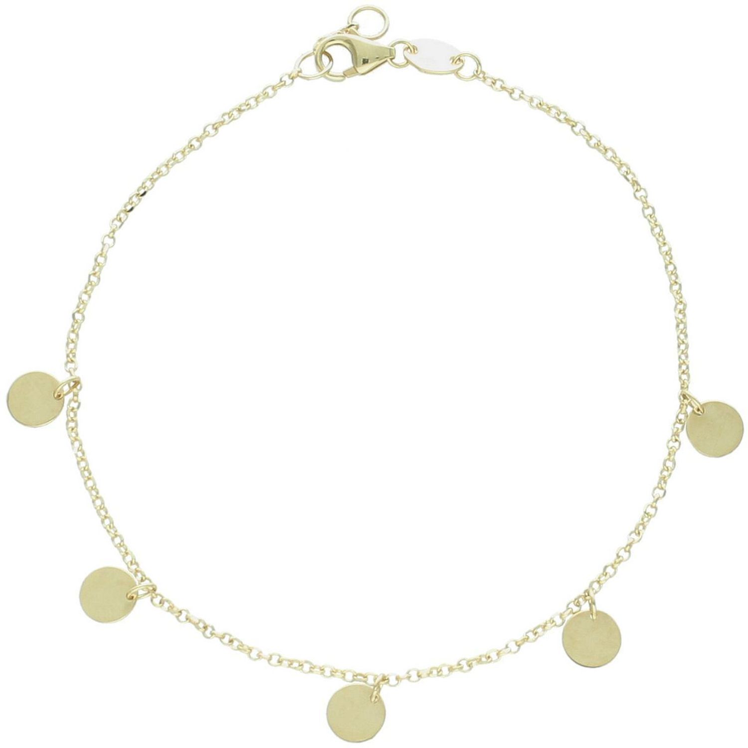 Elegancka złota bransoletka damska próby 585 zdobiona okrągłymi wiszącymi blaszkami. Długość regulowana 17–18 cm, waga 1,38 g, zapięcie na karabińczyk. Idealna do codziennych i 1.jpg