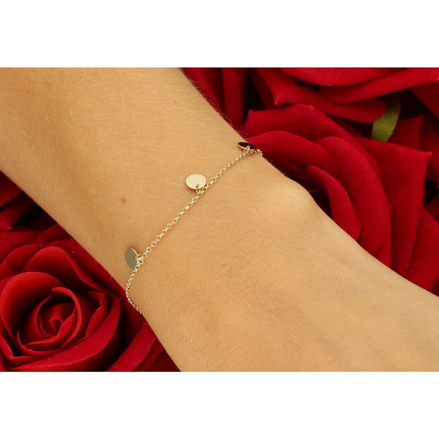 Elegancka złota bransoletka damska próby 585 zdobiona okrągłymi wiszącymi blaszkami. Długość regulowana 17–18 cm, waga 1,38 g, zapięcie na karabińczyk. Idealna do codziennych i 1.jpg