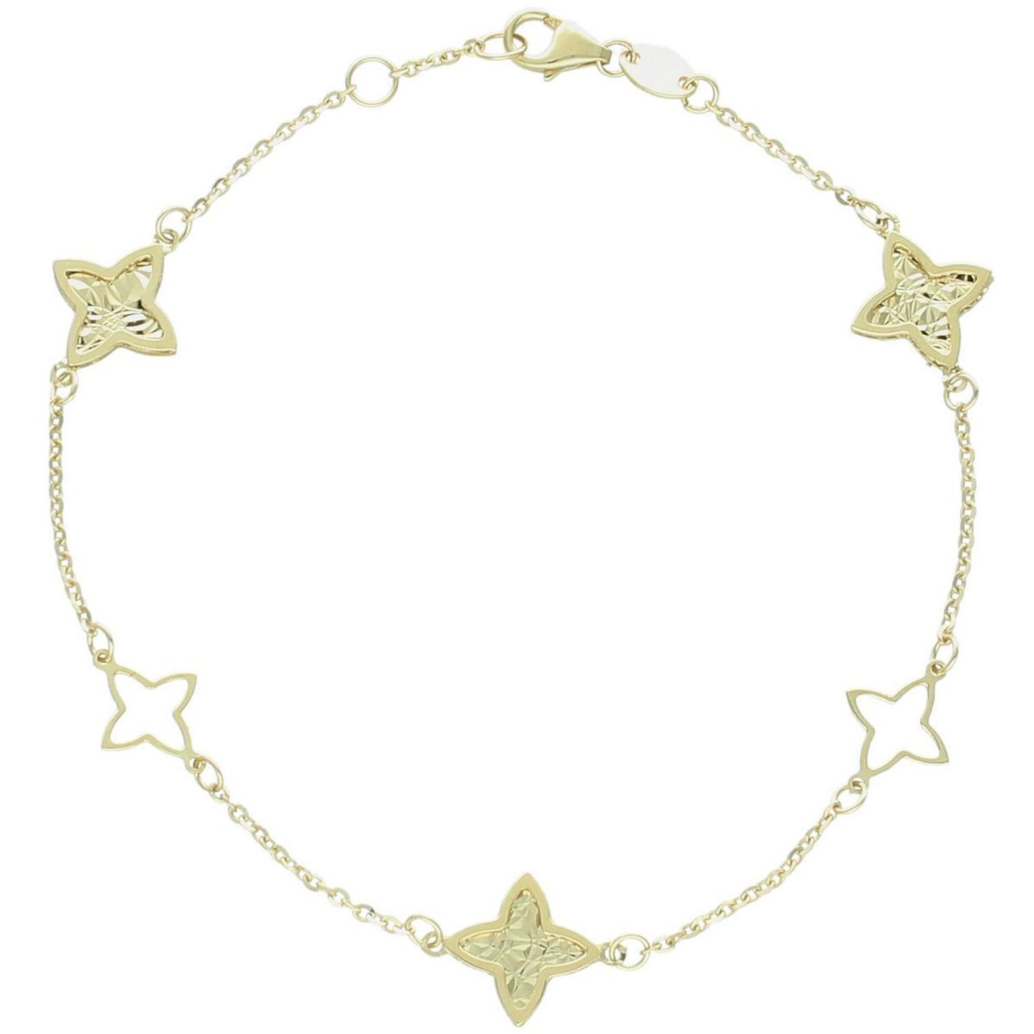 Elegancka złota bransoletka damska próby 585, zdobiona kwiatkami. Długość 18 cm, waga 1,96 g, zapięcie na karabińczyk. Stylowy dodatek idealny na prezent i codzienne noszenie.1.jpg