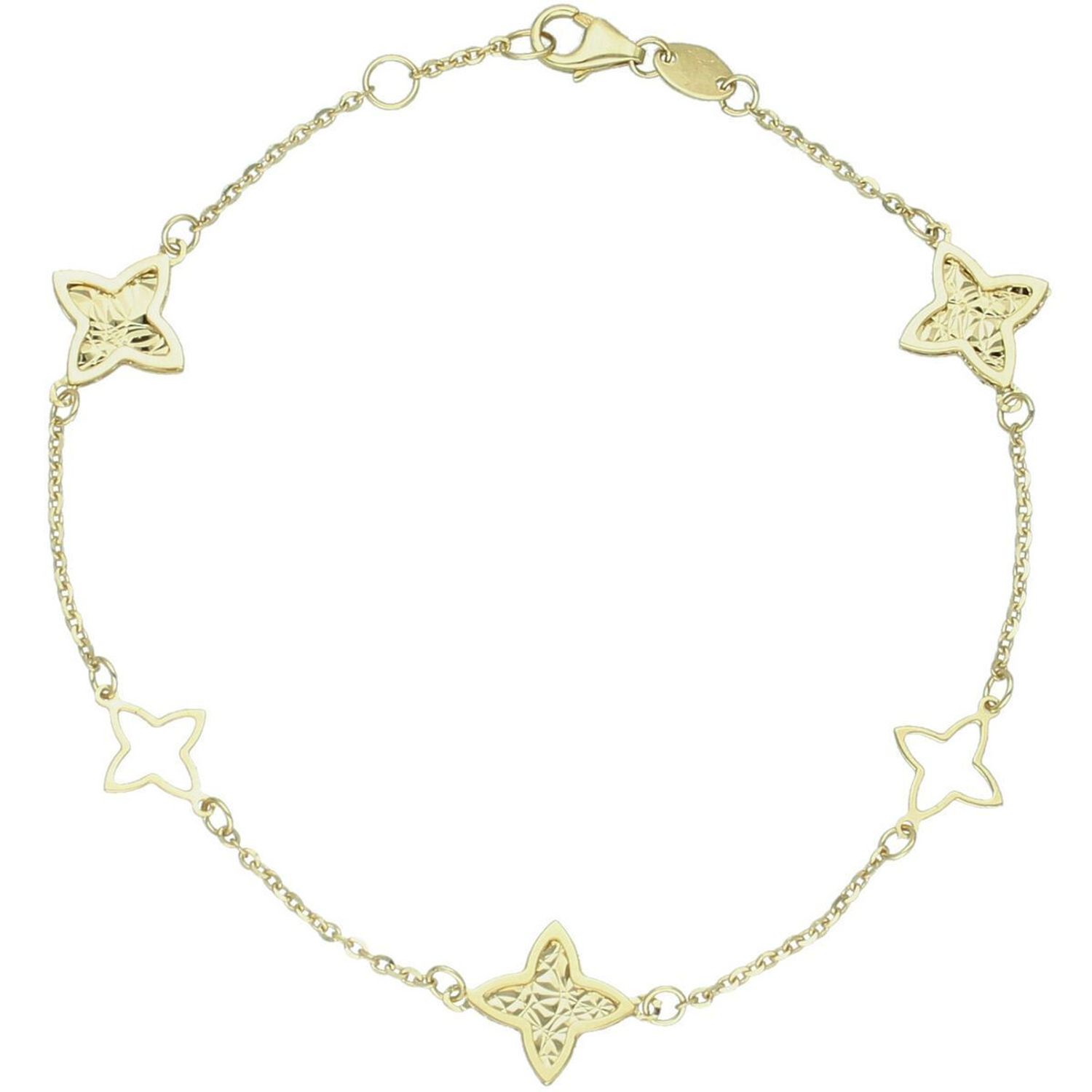 Elegancka złota bransoletka damska próby 585, zdobiona kwiatkami. Długość 18 cm, waga 1,96 g, zapięcie na karabińczyk. Stylowy dodatek idealny na prezent i codzienne noszenie.1.jpg