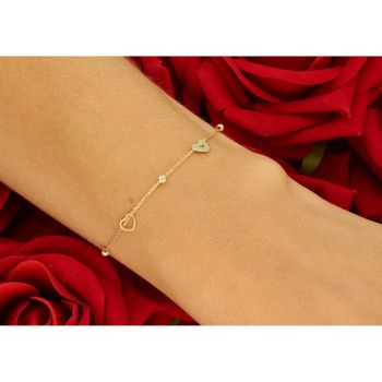 Odkryj delikatną bransoletkę damską ze złota próby 585, zdobioną serduszkami i kuleczkami. Model DIA-BRA-13789-585, waga 1,11 g, długość 17,5 + 1,5 cm, zapięcie na karabińczyk. Idealna na 2.jpg