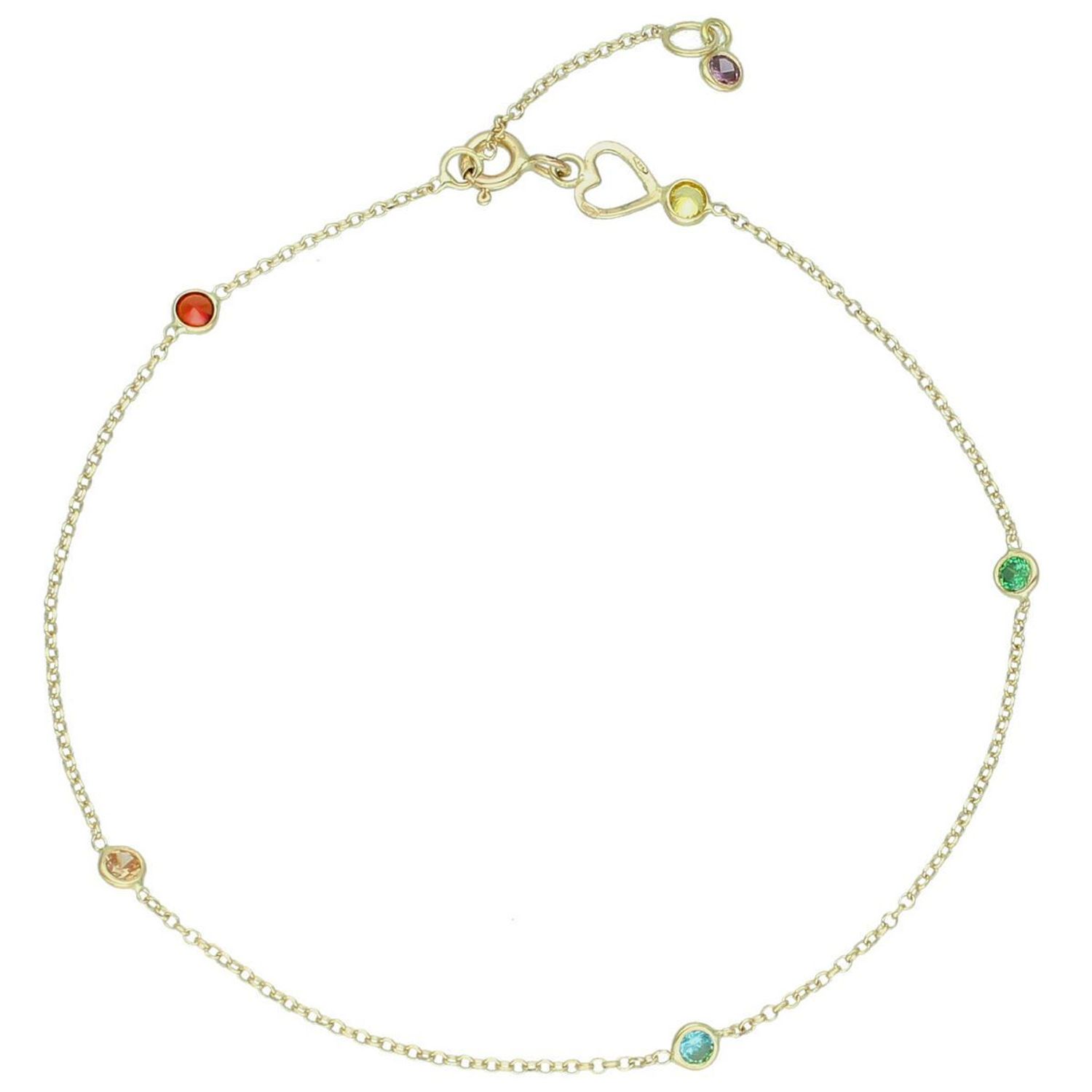 Elegancka złota bransoletka na nogę próby 585, zdobiona kolorowymi cyrkoniami i serduszkiem. Długość regulowana 22 cm + 2 cm, waga 1,40 g, zapięcie na karabińczyk. Idealna do codziennych i 1.jpg