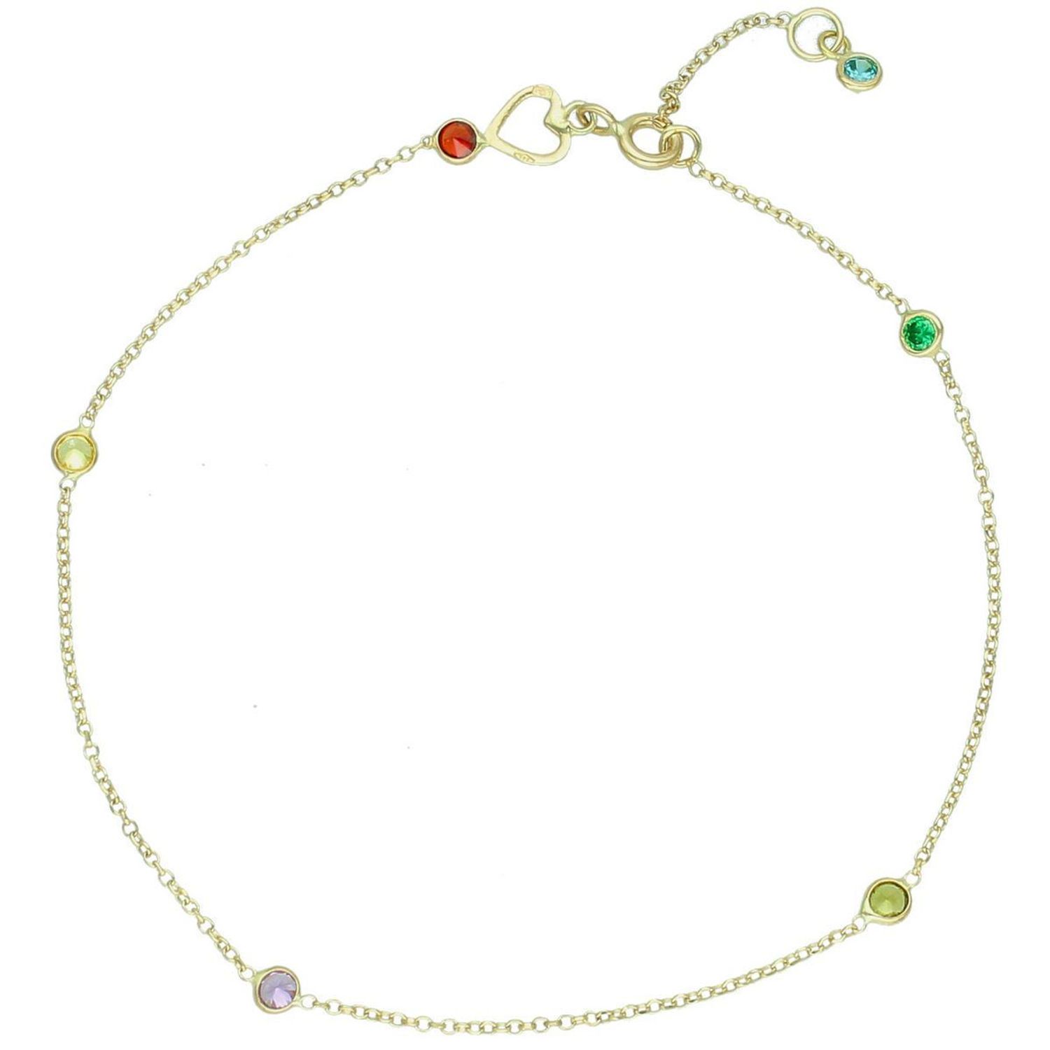 Elegancka złota bransoletka damska próby 585 na nogę, zdobiona kolorową cyrkonią i serduszkiem. Długość regulowana 22 cm + 2 cm, waga 1,38 g, zapięcie na karabińczyk. Idealna do letnich 2.jpg