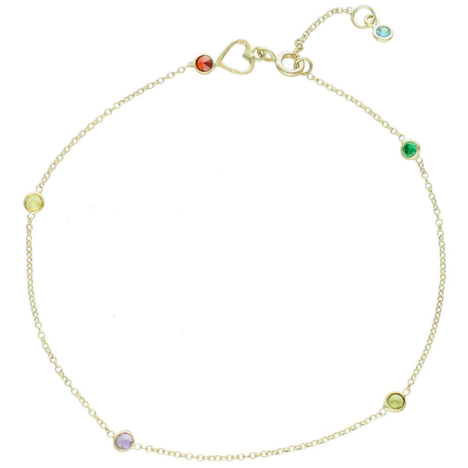 Elegancka złota bransoletka damska próby 585 na nogę, zdobiona kolorową cyrkonią i serduszkiem. Długość regulowana 22 cm + 2 cm, waga 1,38 g, zapięcie na karabińczyk. Idealna do letnich 2.jpg