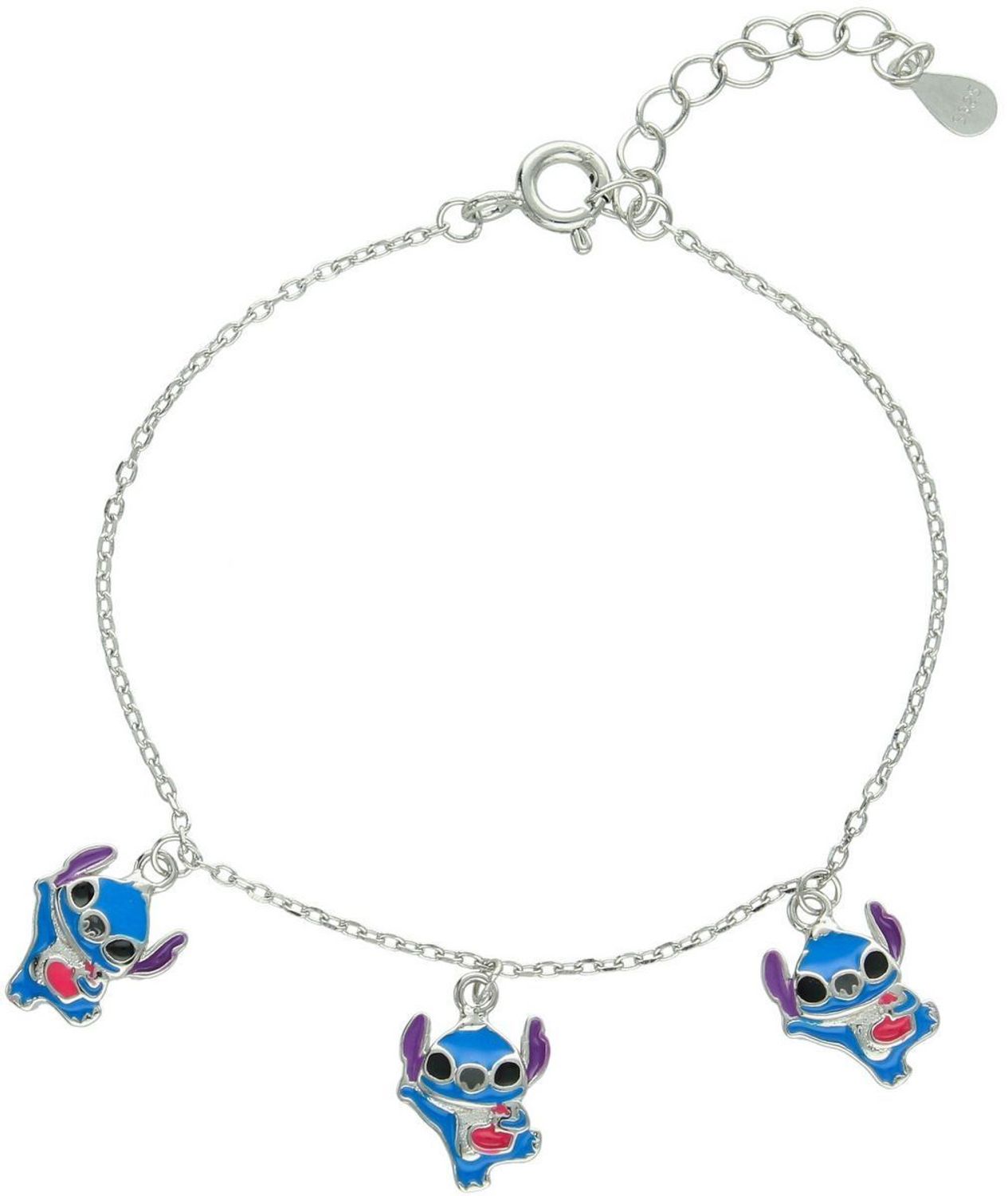 Srebrna bransoletka 925 splot ankier z trzema zawieszkami Stitch. Regulowana długość 14+3 cm, waga 3,10 g. Idealny prezent i subtelny dodatek dla fanek Disneya.1.jpg