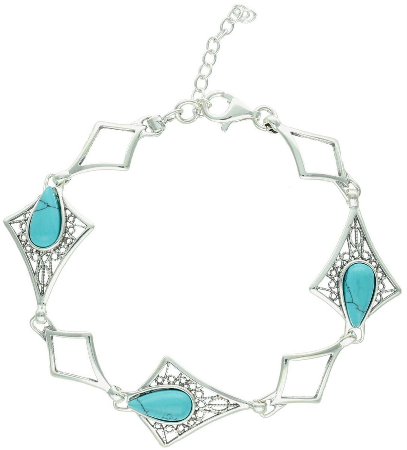 Srebrna bransoletka damska 925 z geometrycznym wzorem i turkusami. Regulowana długość 18+3 cm, waga 8,70 g, zapięcie na karabińczyk. Elegancka i stylowa.1.jpg