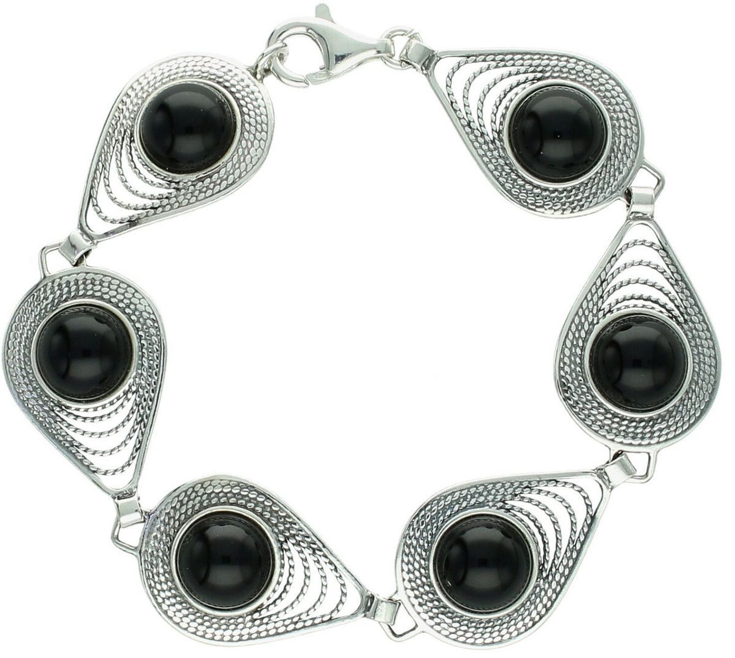 Bransoletka srebrna 925 DIA-BRA-13998-925 zdobiona łezkami z okrągłym onyksem. Długość 18 cm, szerokość 1,6 cm, waga 14,10 g. Elegancka i efektowna.1.jpg