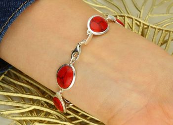 Srebrna Bransoletka z Koralem Naturalnym – Owalne Elementy, Srebro 925 zapięcie.jpg