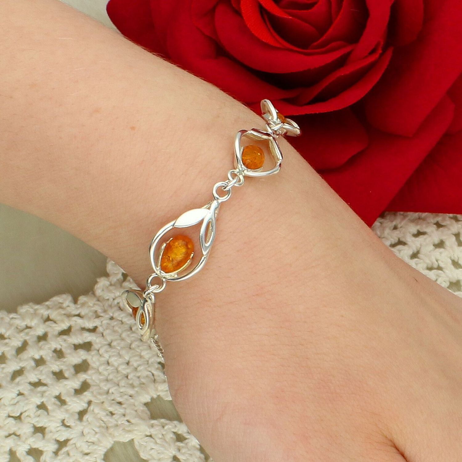 Bransoletka Srebrna 925 z Naturalnym Bursztynem Damska Elegancka Klasyczna bursztyn.jpg