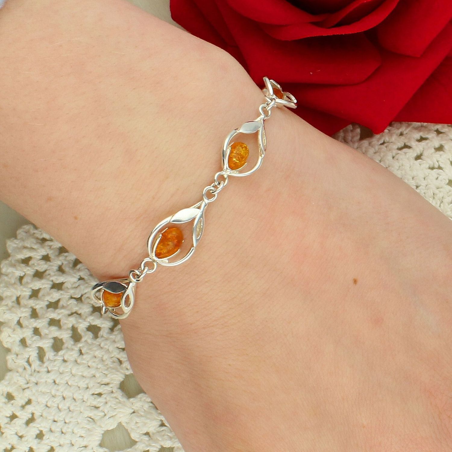 Bransoletka Srebrna 925 z Naturalnym Bursztynem Damska Elegancka Klasyczna bursztyn.jpg