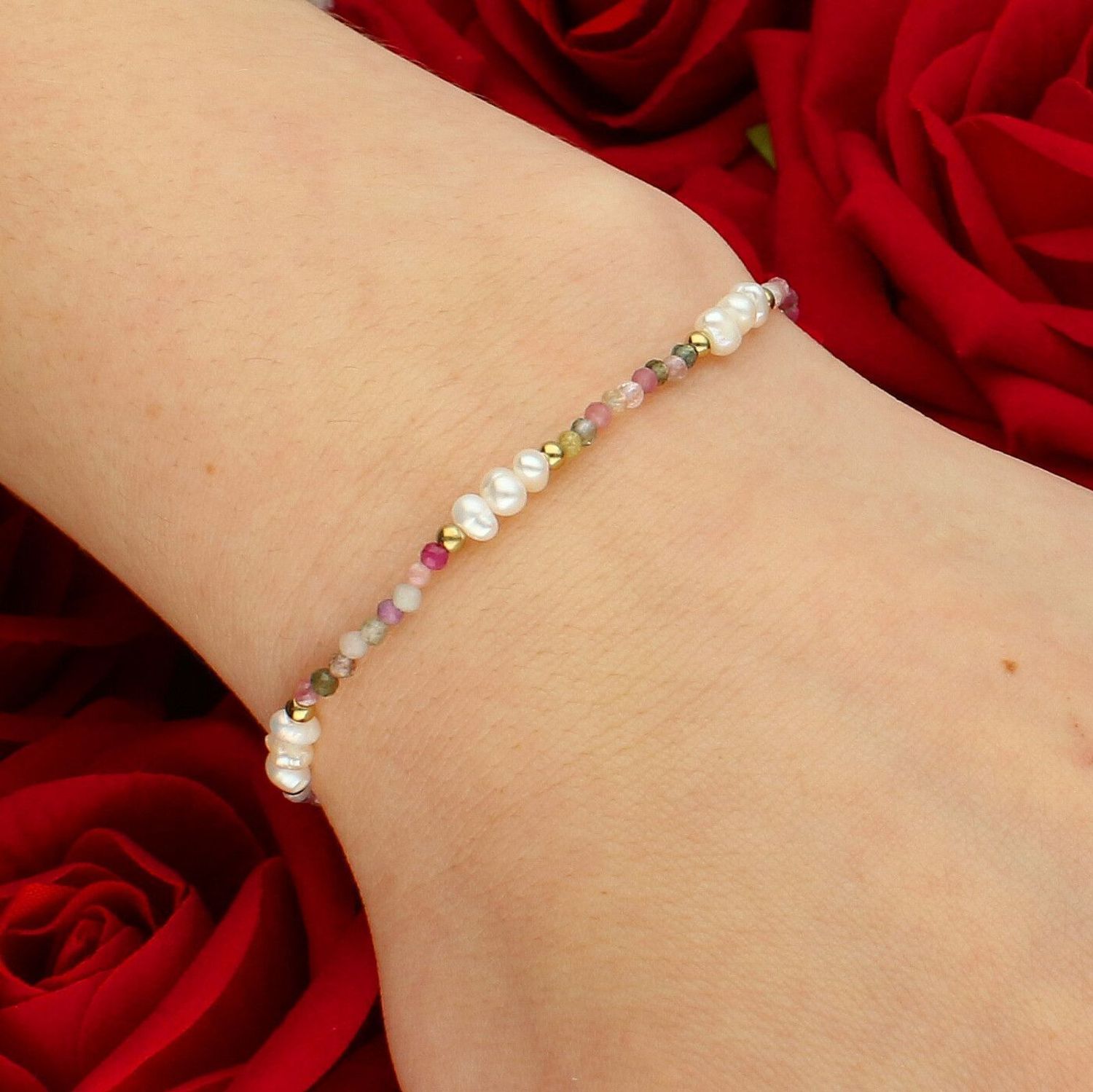 Bransoletka stalowa z perłą hodowlaną i turmalinem 19 cm regulowana DIA-BRA-14195-STAL.jpg