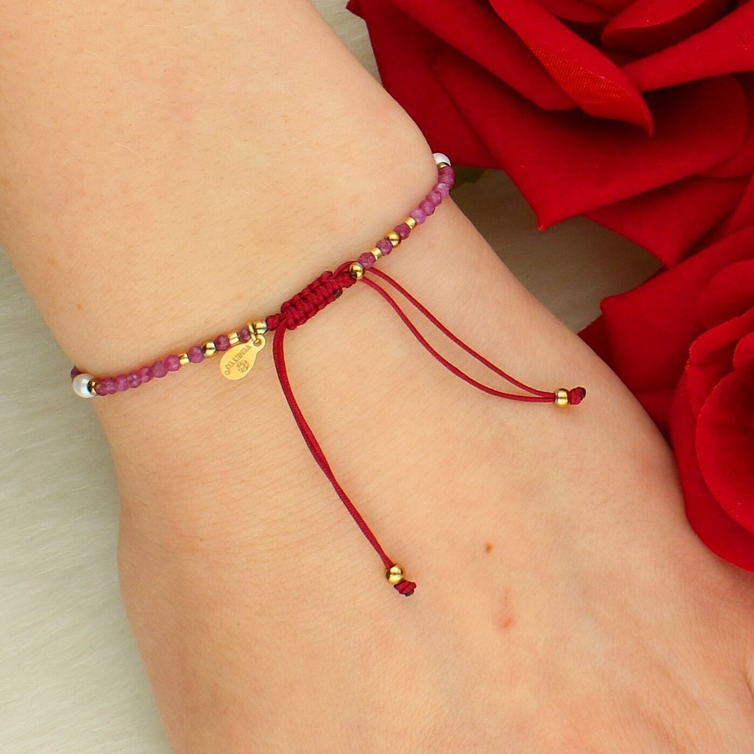 Bransoletka z kamieniami naturalnymi rubin i perła hodowlana na sznurku DIA-BRA-14196-STAL.jpg