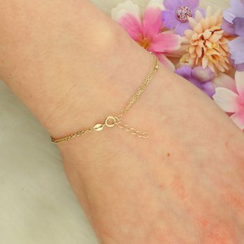 Złota bransoletka 585 z serduszkami i cyrkonią – podwójny łańcuszek, regulowana 17–19 cm zapięcie.jpg