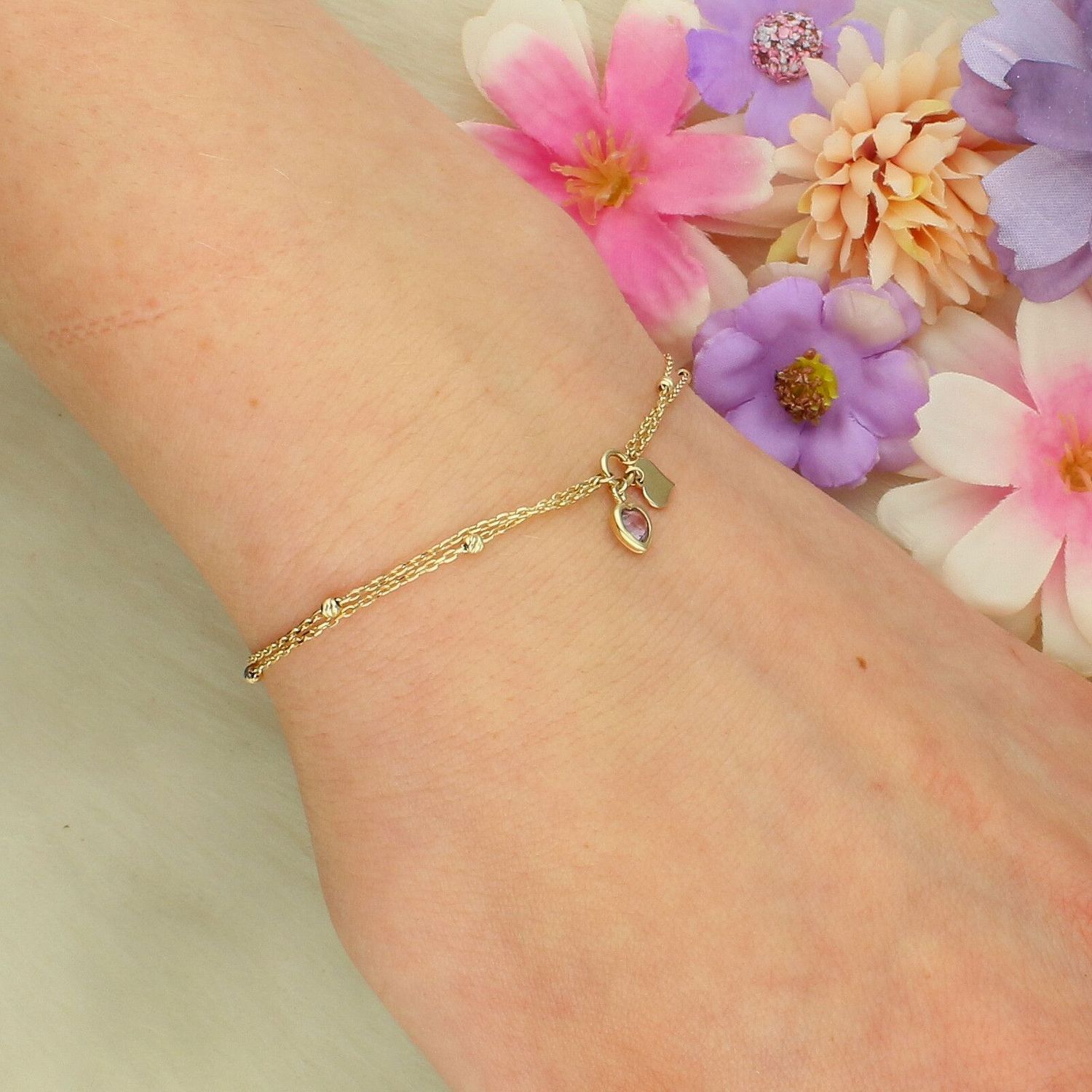 Złota bransoletka 585 z serduszkami i cyrkonią – podwójny łańcuszek, regulowana 17–19 cm.jpg