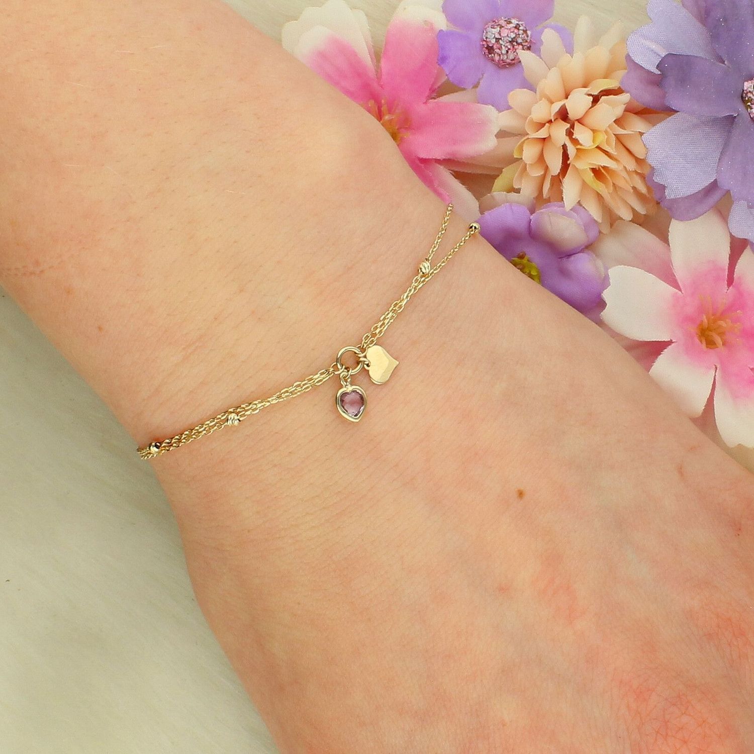 Złota bransoletka 585 z serduszkami i cyrkonią – podwójny łańcuszek, regulowana 17–19 cm.jpg