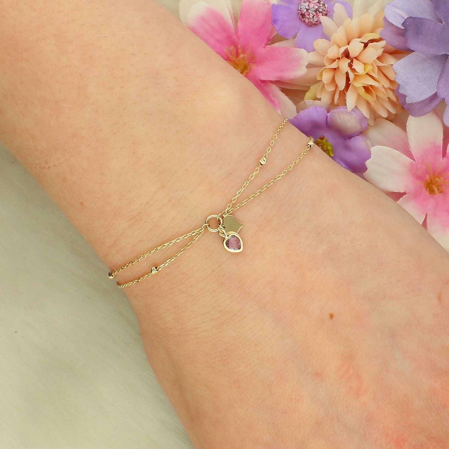 Złota bransoletka 585 z serduszkami i cyrkonią – podwójny łańcuszek, regulowana 17–19 cm.jpg